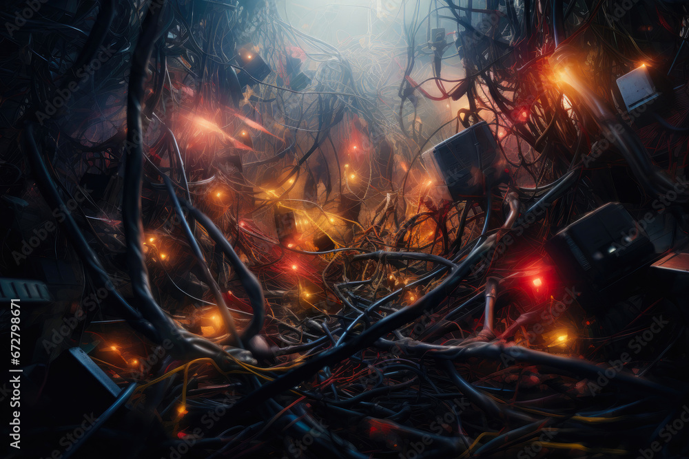 Fototapeta premium Data Gridlock: Network Cables in Turmoil