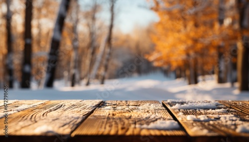 Winter tabletop with fresh snow, blurred forest, and sunny orange fall foliage in 16k super quality