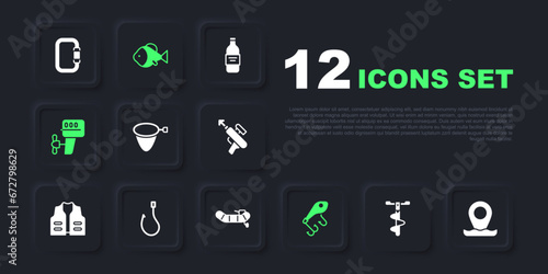 Set Hand ice drill, Location fishing, Fishing net, lure, Outboard boat motor, hook, and Inflatable with icon. Vector