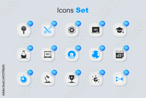 Set Trigonometric circle, Laptop, Scissors, Stopwatch, Molecule, School timetable, Unknown search and CD DVD disk icon. Vector