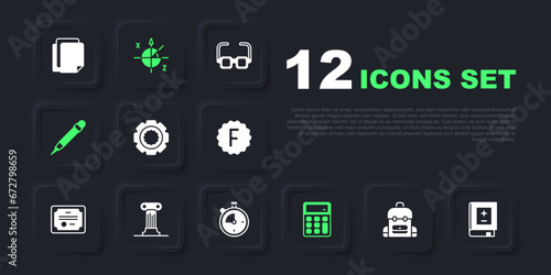 Set School backpack, Book with mathematics, Gear, Calculator, Pencil eraser, Law pillar, Trigonometric circle and Stopwatch icon. Vector