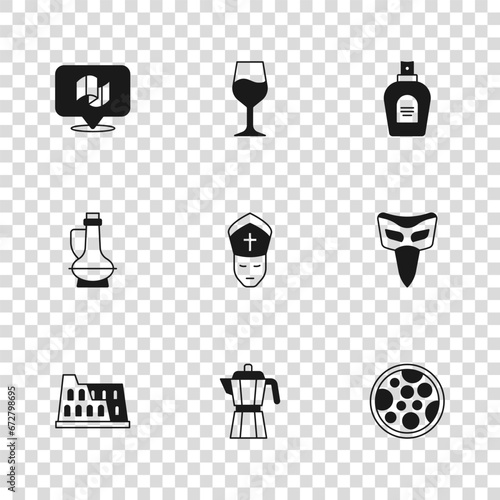 Set Coffee maker moca pot, Carnival mask, Pizza, Pope, Perfume, Flag Italy, Wine glass and Bottle olive oil icon. Vector
