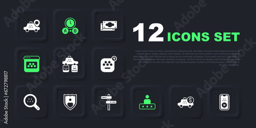 Set Taximeter device, mobile app, service rating, Life insurance with shield, waiting time and Road traffic sign icon. Vector