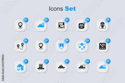 Set Taxi car insurance, Location taxi, service rating, Taximeter device, call telephone, and Life with shield icon. Vector