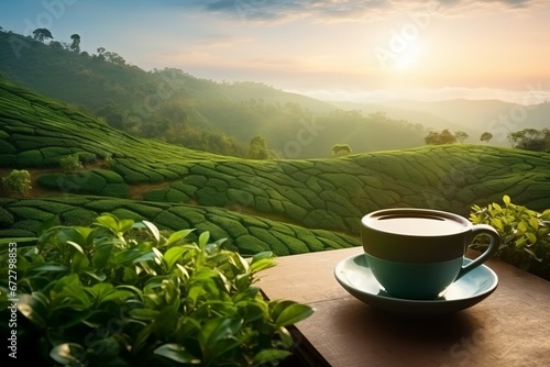 A cup of tea on a green plantation background. AI generative