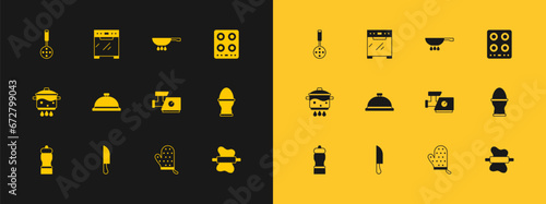 Set Gas stove, Knife, Kitchen meat grinder, Oven glove, Covered with tray of food, Frying pan on fire, Spatula and icon. Vector