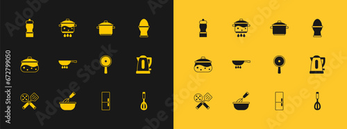 Set Chicken egg on a stand, Cooking whisk with bowl, Frying pan, Refrigerator, fire, pot, Pepper and icon. Vector