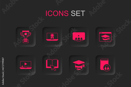Set Online book, education with diploma, Award cup, Graduation cap globe, Audio, class and play video icon. Vector
