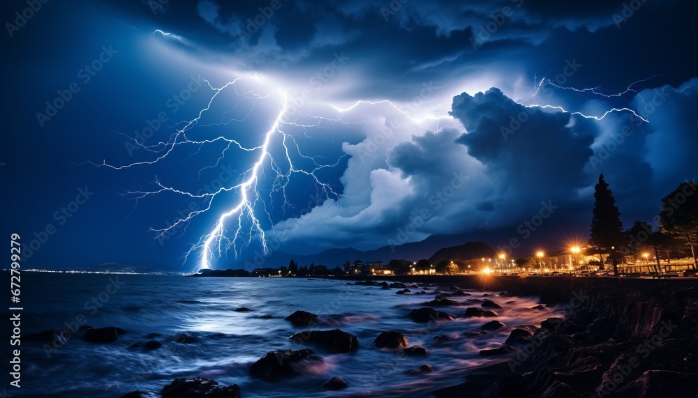 Dramatic and captivating lightning bolt illuminating the dark sky on the horizon of the sea