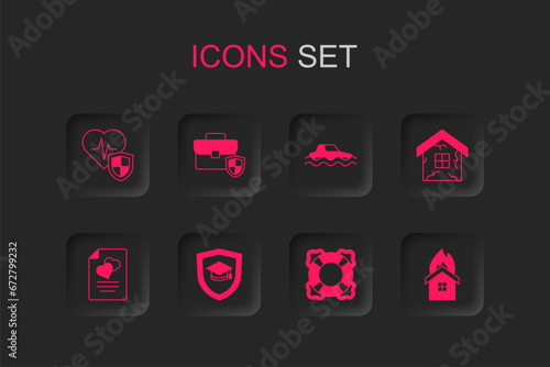 Set Graduation cap with shield, Briefcase, Life insurance, Lifebuoy, House, Fire burning house, Flood car and Marriage contract icon. Vector