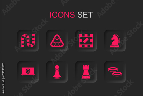 Set Chess pawn, Billiard balls in triangle, Board game, Checker chips, and Game dice icon. Vector