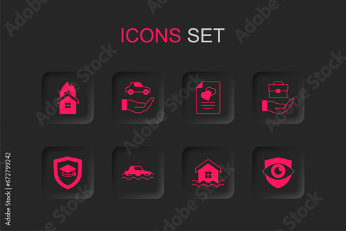 Set Flood car, Car insurance, Fire burning house, House flood, Hand holding briefcase, Shield eye, Marriage contract and Graduation cap with shield icon. Vector