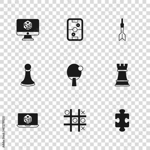 Set Tic tac toe game, Chess, Puzzle pieces toy, Racket, Dart arrow, Game dice, Air hockey table and pawn icon. Vector