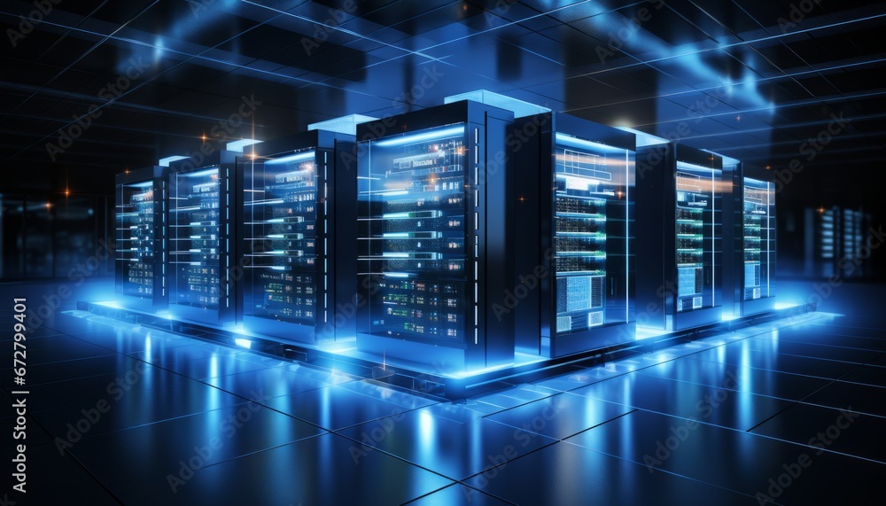 Visually captivating modern data center with state of the art server racks emitting a soft blue glow Visually captivating modern data center with state of the art server racks emitting a soft blue glow