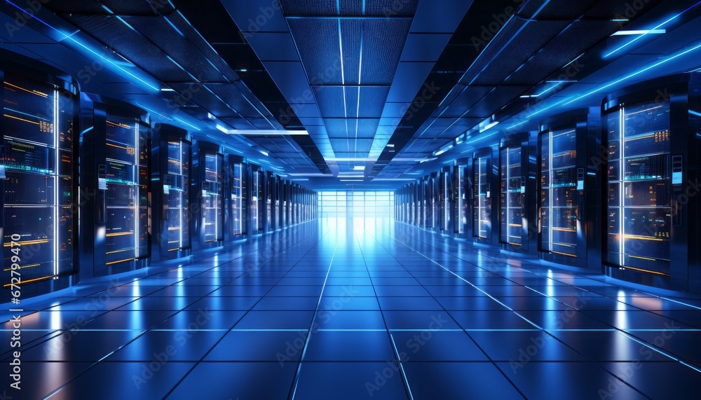 Visually captivating modern data center with organized server racks emitting a soft blue glow