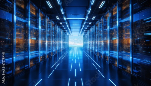Modern data center with state of the art server racks emitting a captivating blue glow