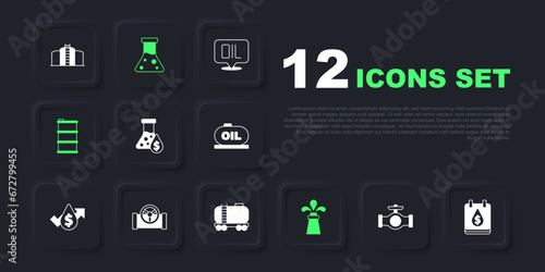 Set Oil pipe with valve, drop dollar symbol, petrol test tube, rig, Barrel oil, and railway cistern icon. Vector