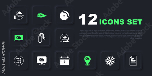 Set Alloy wheel for car, Racing helmet, Car muffler, Wheel fire flame and battery icon. Vector