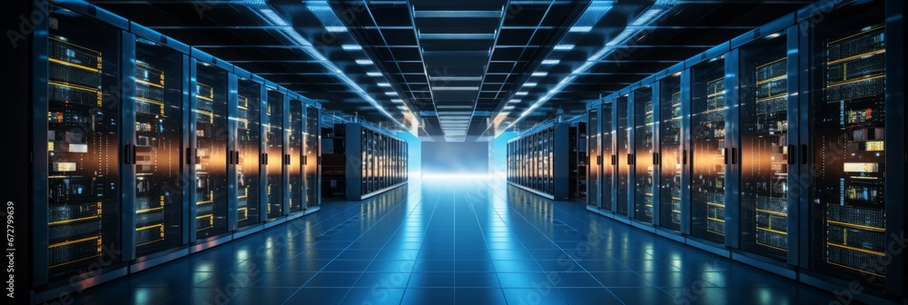 Sleek modern data center with advanced server racks emitting enchanting soft blue glow