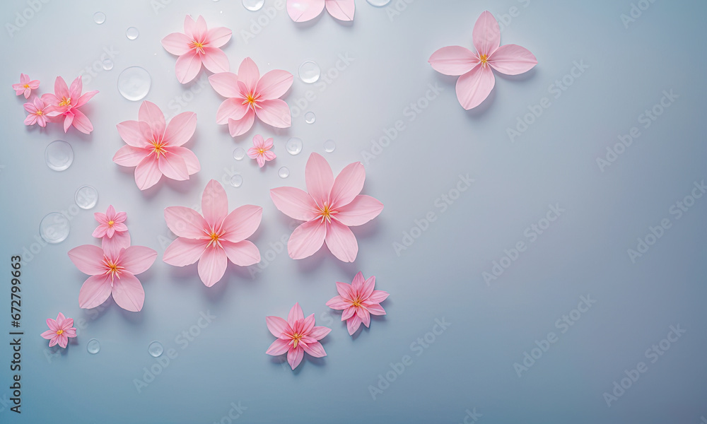 Fototapeta premium Cosmetic product minimal blue background with pink flowers. show cosmetic product, Showcase, shopfront, display case. copy space