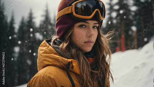 Bellissima snowboarder sulle piste da sci  photo