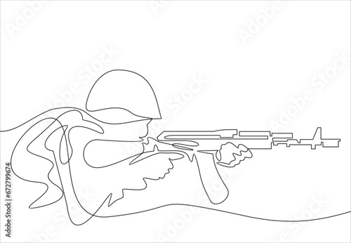 A soldier of the Armed Forces of Ukraine shoots from a machine gun. Color drawing in one line. Print for logos and various designs. Vector illustration