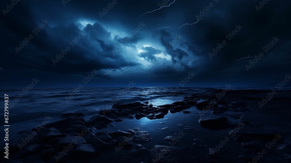 A moonless night, the sky painted in eerie shades of black, the sea stretching into infinity.
