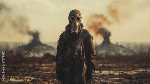 A man with a creepy gas mask against the backdrop of a destroyed landscape.