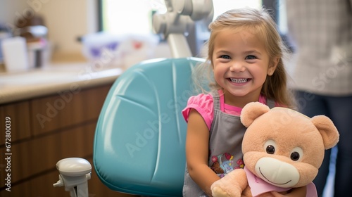 The girl sits in a comfortable dental chair.