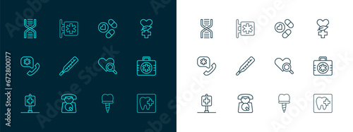 Set line Ethnoscience, Emergency call 911, Medical heart inspection, Dental implant, thermometer, Medicine pill or tablet, DNA symbol and - Star of Life icon. Vector