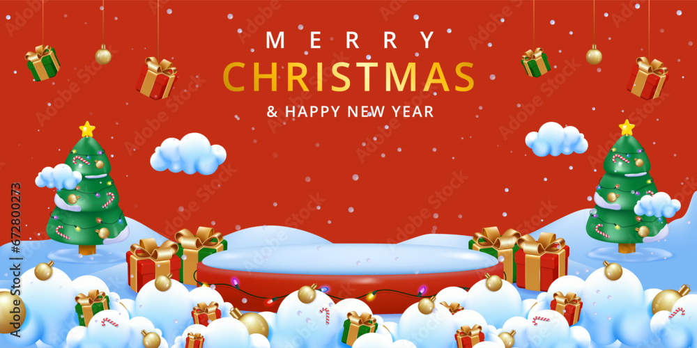 Naklejka premium Merry Christmas and Happy New Year background. sale promotion poster banner with product display and festive decoration red background.