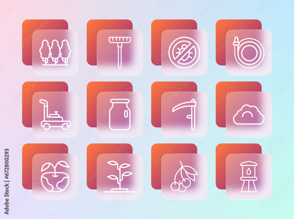 Set line Garden hose, Sprout, Scythe, Fresh berries, Glass jar with screw-cap, Stop colorado beetle, Fruit trees and rake icon. Vector Set line Garden hose, Sprout, Scythe, Fresh berries, Glass jar with screw-cap, Stop colorado beetle, Fruit trees and rake icon. Vector