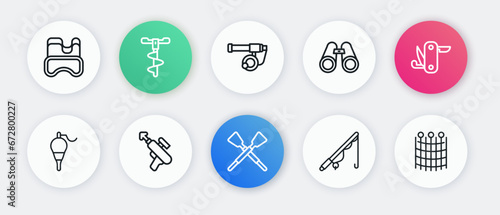 Set line Crossed oars or paddles boat, Swiss army knife, Fishing float, rod, Binoculars, net pattern and harpoon icon. Vector