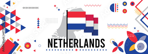  Netherlands national or independence day banner design for country celebration. Flag and map of nederland with modern retro design and abstract geometric icons. Vector illustration