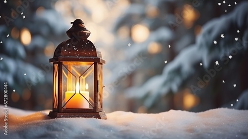 Cozy Christmas composition with a lantern on a snow with a place for a text and bokeh background. AI generative © tiena