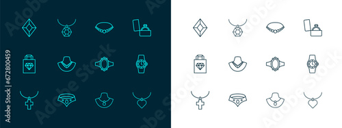 Set line Diamond engagement ring in box, Necklace, mannequin, Pearl necklace, Gem stone and Pendant icon. Vector
