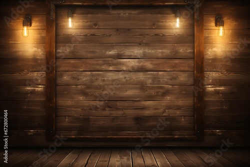 Dark wood background with prominent spotlight illuminating center  creating captivating ambiance