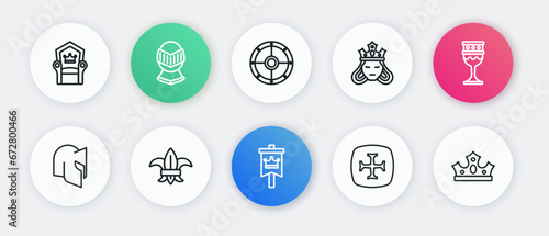 Set line Medieval flag, goblet, helmet, Crusade, Princess or queen, Round shield, King crown and Fleur lys lily flower icon. Vector