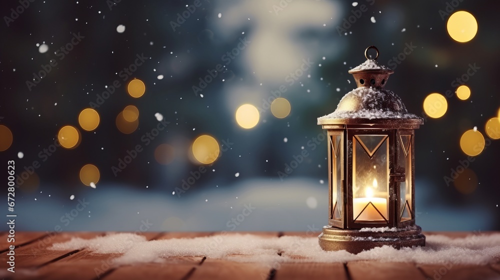 Cozy Christmas composition with a lantern on a snow with a place for a text and bokeh background. AI generative Cozy Christmas composition with a lantern on a snow with a place for a text and bokeh background. AI generative