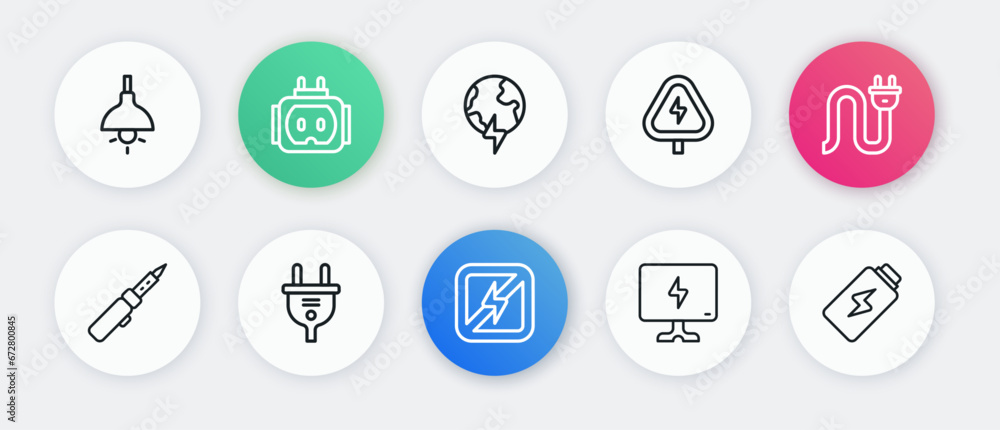 Set line No lightning, Electric plug, Soldering iron, Smart Tv, High voltage, Global planet with thunderbolt, Battery charge and icon. Vector Set line No lightning, Electric plug, Soldering iron, Smart Tv, High voltage, Global planet with thunderbolt, Battery charge and icon. Vector