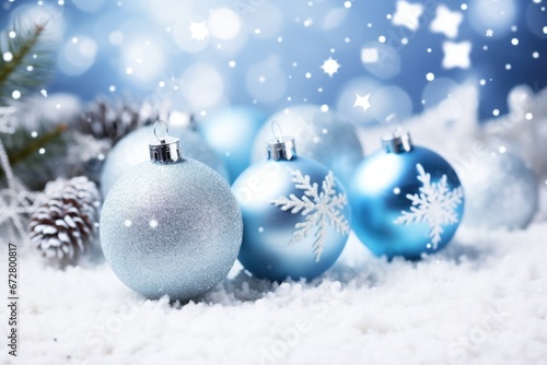 A group of blue and silver Christmas ornaments in the snow. Perfect for holiday decorations and festive designs.