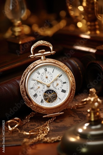 A gold pocket watch sitting on top of a book. Perfect for time-related concepts and vintage themes.