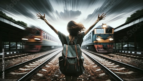 woman misses train, stands perplexed with hands thrown up in frustration, a moment frozen in time photo