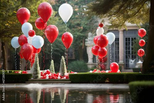 balloons in the garden for christmas celebration, red and white combinated baloons, elegant and gorgious vibe in the garden  photo