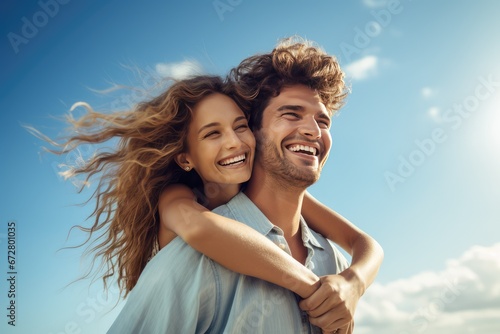 Un jeune couple amoureux s'enlace sous un beau ciel bleu d'été