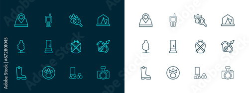Set line Tourist tent, Paw search, Canteen water bottle, Cartridges, Hunt place and Walkie talkie icon. Vector