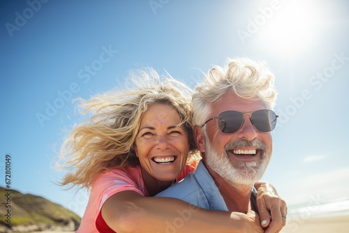 Un couple senior, amoureux qui s'enlace sur la plage sous un beau ciel bleu d'été photo