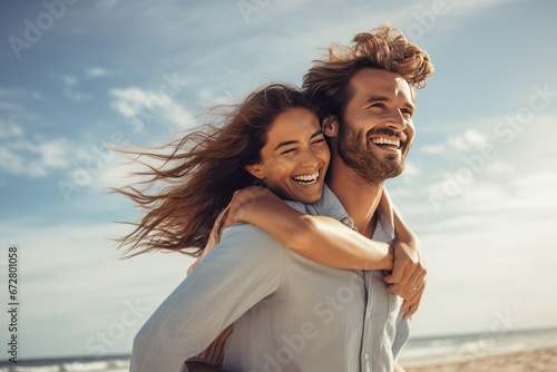Un jeune couple amoureux s'enlace sur la plage sous un beau ciel bleu d'été photo