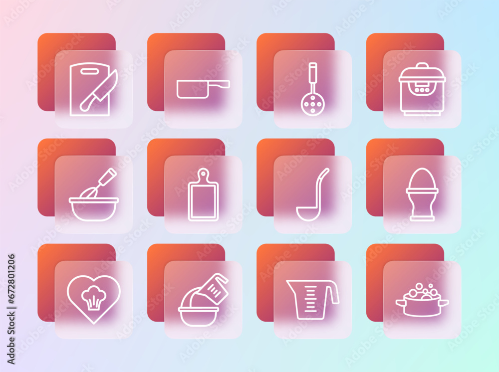 Set line Slow cooker, Measuring cup and bowl, Kitchen ladle, Cutting board, Spatula, knife and Frying pan icon. Vector Set line Slow cooker, Measuring cup and bowl, Kitchen ladle, Cutting board, Spatula, knife and Frying pan icon. Vector