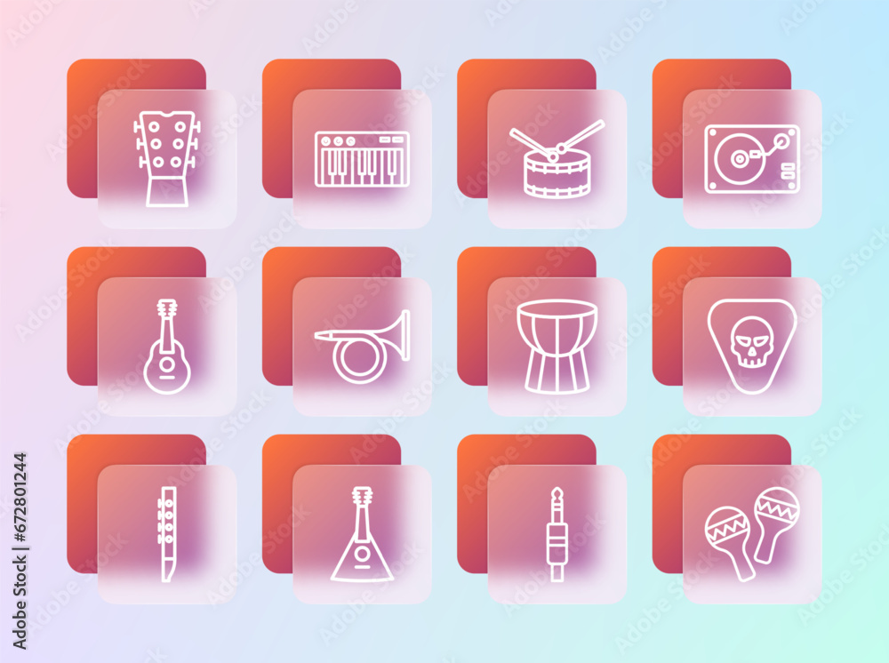 Set line Vinyl player with vinyl disk, Balalaika, African darbuka drum, Audio jack, Trumpet, Drum sticks, Guitar neck and Music synthesizer icon. Vector Set line Vinyl player with vinyl disk, Balalaika, African darbuka drum, Audio jack, Trumpet, Drum sticks, Guitar neck and Music synthesizer icon. Vector